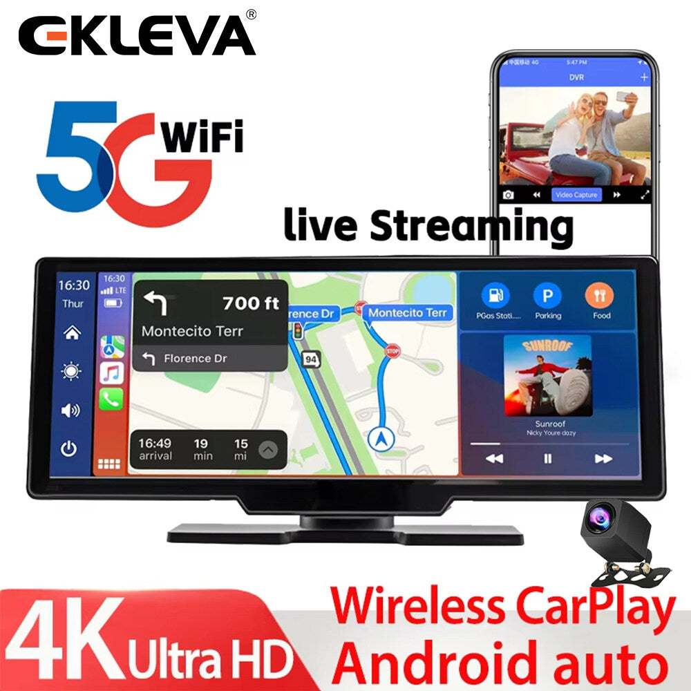 EKLEVA 10.26" Screen 4K Car Camera Wireless CarPlay & Android Auto, Dash Cam FM Transmitter Parking Monitor 5G WiFi Connect APP monitor
