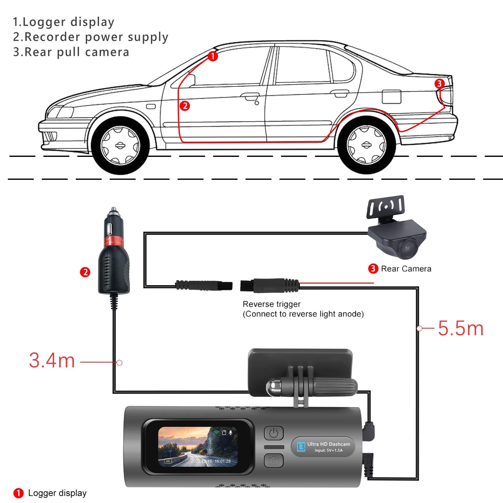 EKLEVA 1.47 inch Mini dash cam Car Recorder HD 4K WiFi Night Vision Car Rearview Mirror 150-degree Wide Angle Dual Lenses Rearview Camera