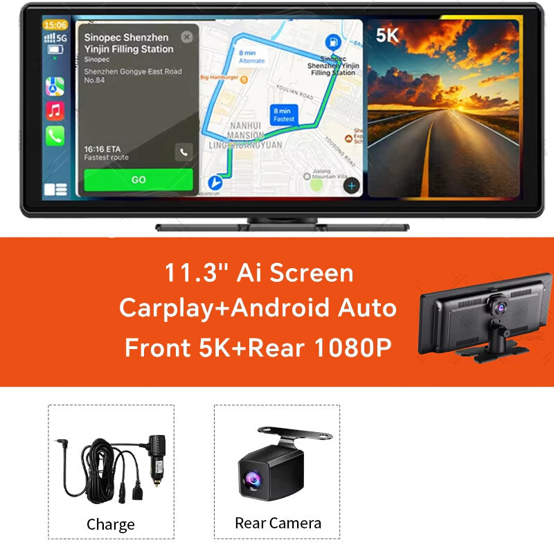 EKLEVA 11.3" Touch Screen Car Camera 5K Dash Cam 5G WiFi Wireless CarPlay & Android Auto Loop Recording Navigation DVR
