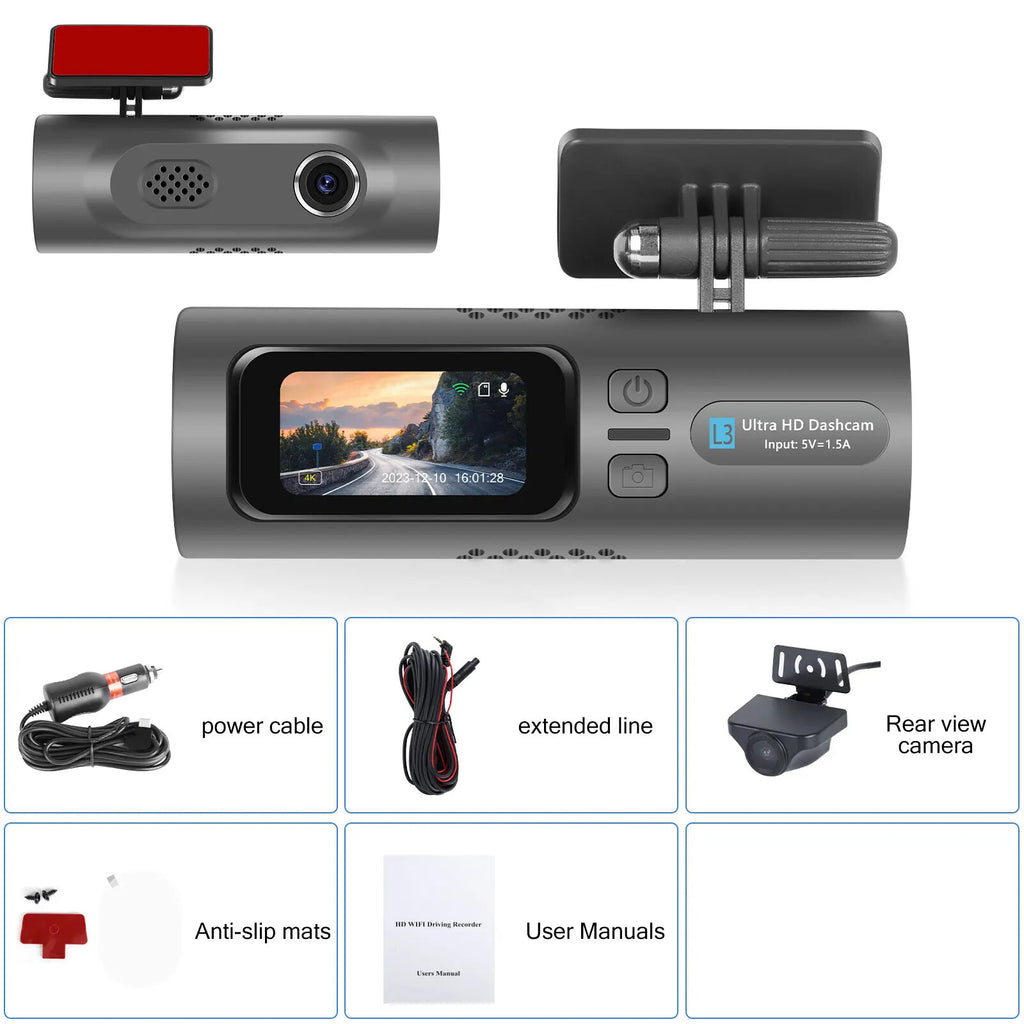EKLEVA 1.47 inch Mini dash cam Car Recorder HD 4K WiFi Night Vision Car Rearview Mirror 150-degree Wide Angle Dual Lenses Rearview Camera