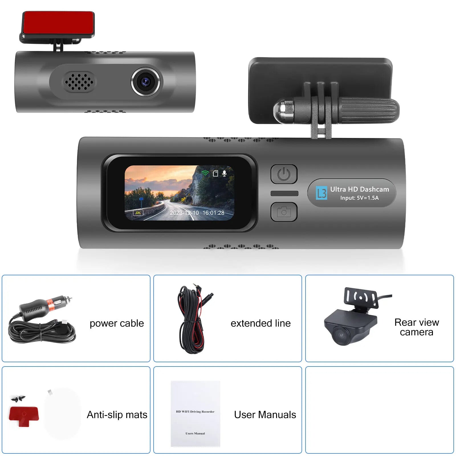 EKLEVA 1.47 inch Mini dash cam Car Recorder HD 4K WiFi Night Vision Car Rearview Mirror 150-degree Wide Angle Dual Lenses Rearview Camera