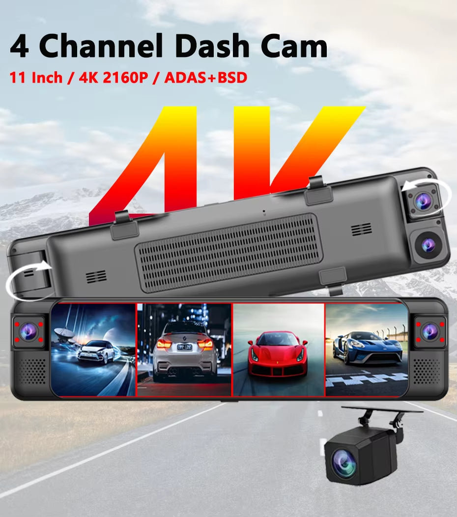 EKLEVA 4CH 11.26 Inch 4K+1K+1K+1K Rearview Mirror 360° Dash Cam ADAS BSD WiFi Night Vision 24H Parking Monitor Time-Lapse Car DVR